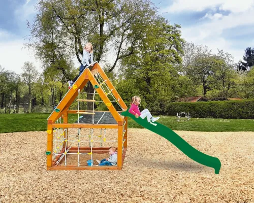 Wooden playhouse for climbing with a yellow slide